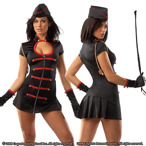 Woman modeling a sleek black military uniform dominatrix costume with red accents