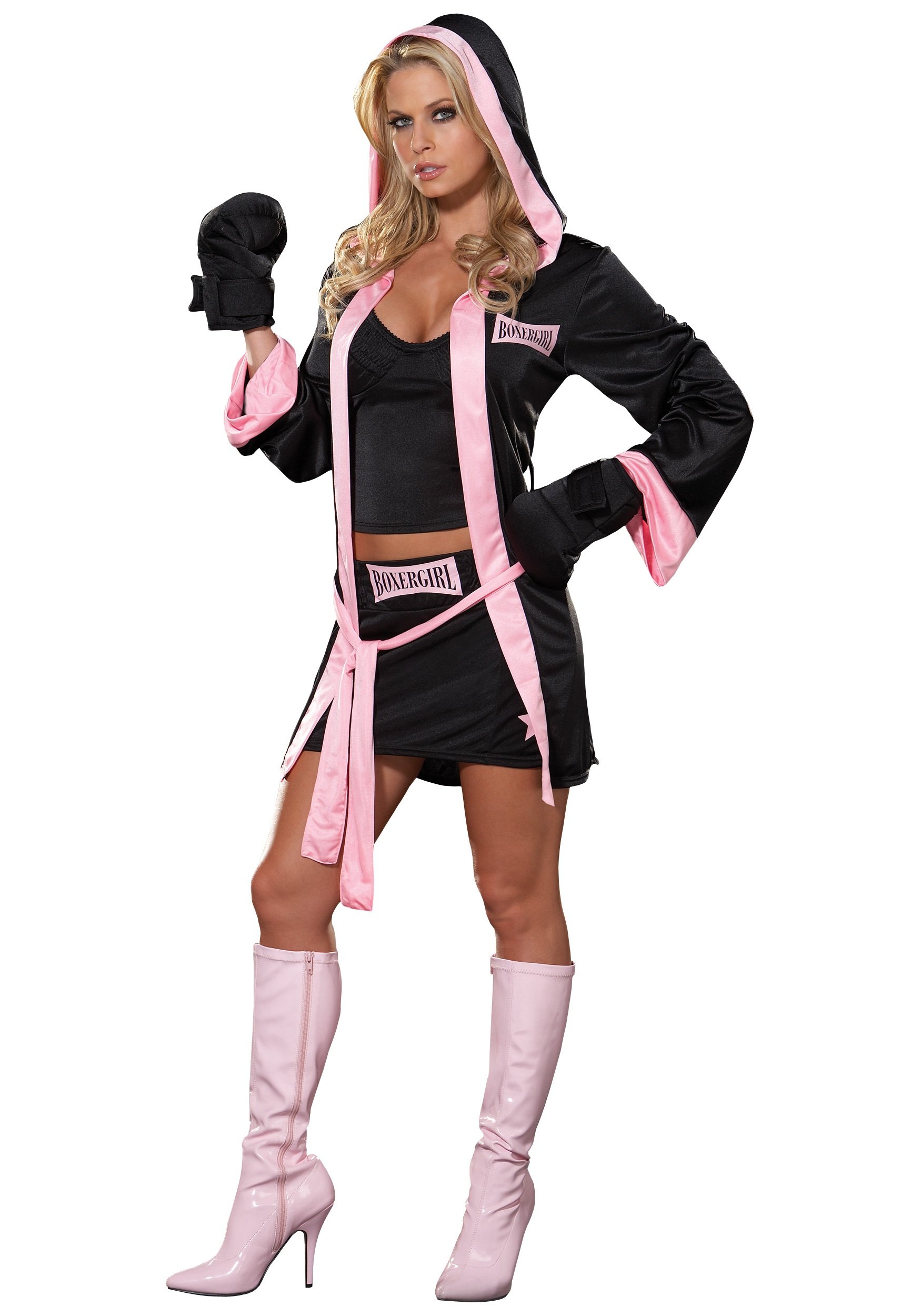 Woman's Boxer Girl Costume Alternate View showing the back design and vibrant red boxing gloves