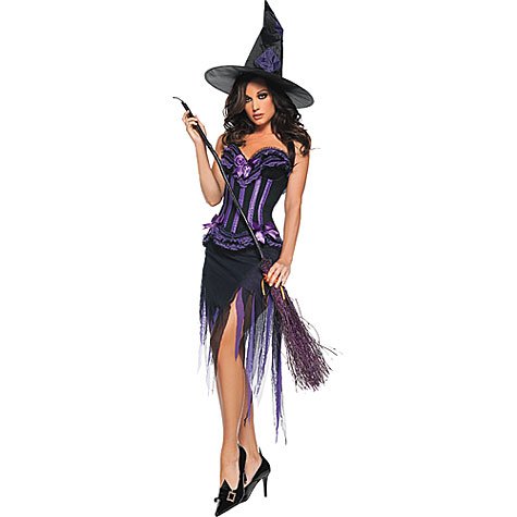 Alternate angle view of the Adult Purple Carousel Witch Costume showing fabric details