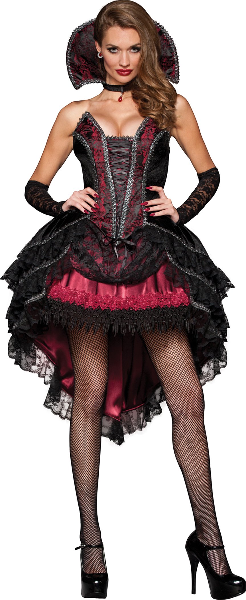 Close-up view of the Vixen Adult Halloween Vampire Costume fabric, petticoat, and accessory materials