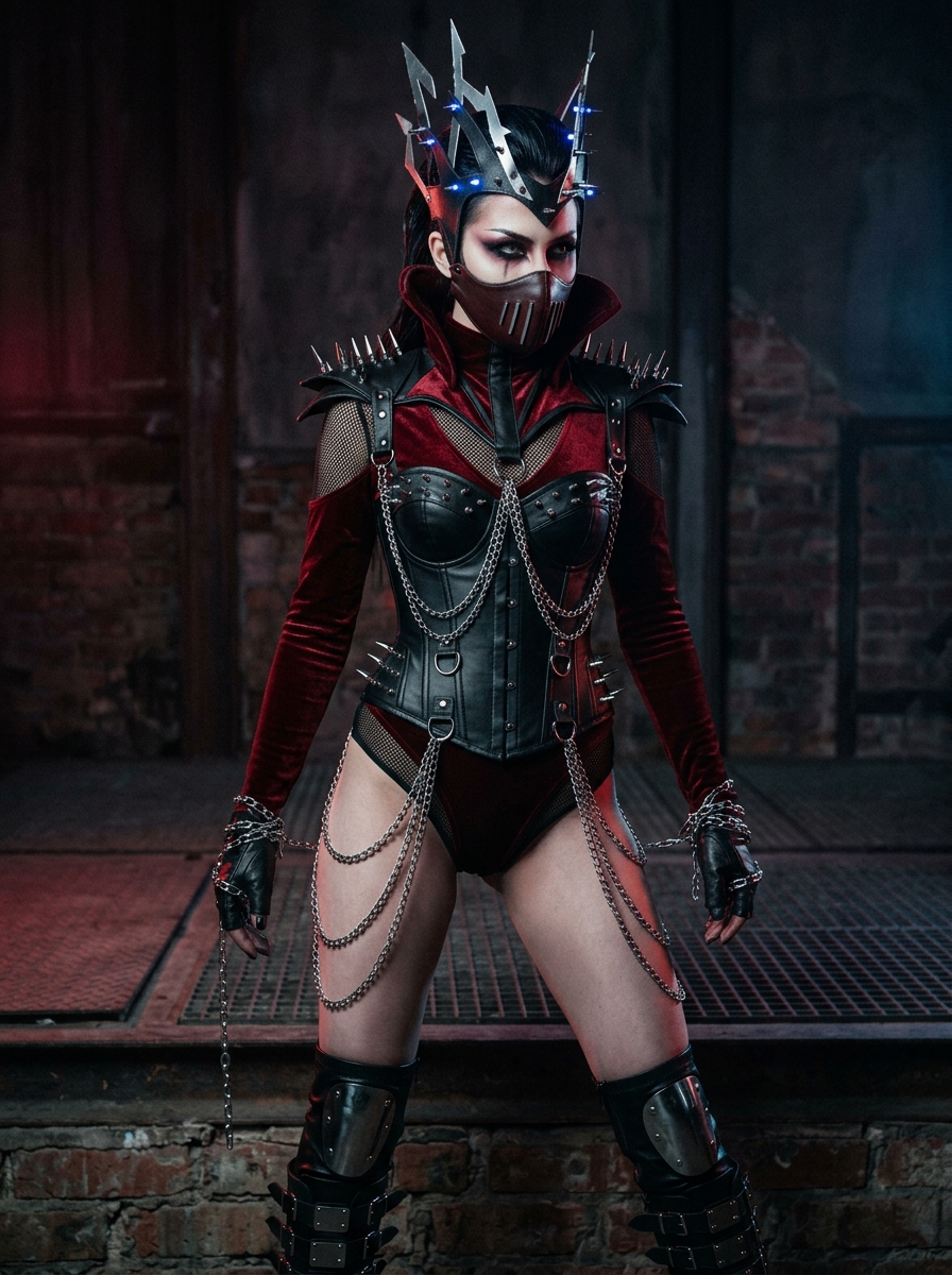 Cyber Cenobite Spiked Corset Halloween Costume featuring spiked leather corset and crimson velvet accents