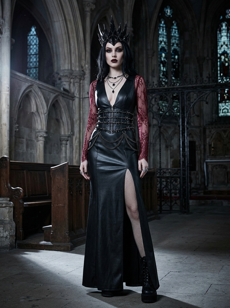 Dark Fantasy Gothic Siren Priestess Halloween Gown featuring plunge leather gown and obsidian crown
