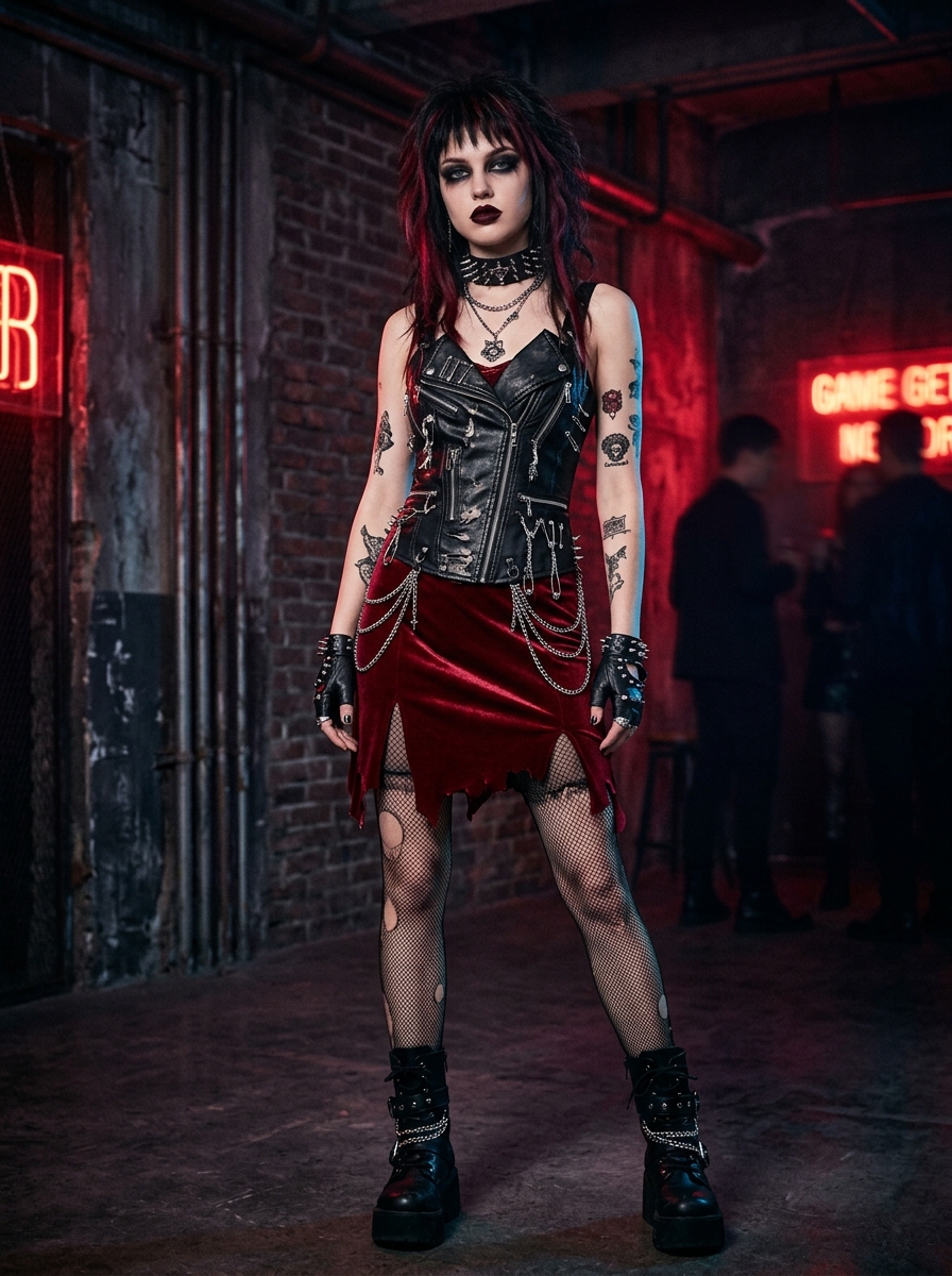 Punk Rock Gothic Vampire Halloween Costume with distressed leather biker corset and red velvet skirt